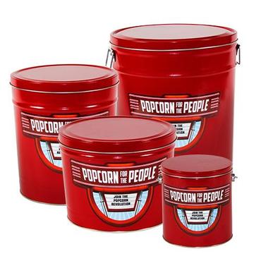four red tins of popcorn for the people