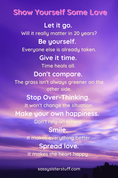 purple and pink sky background with a quote about showing yourself some love