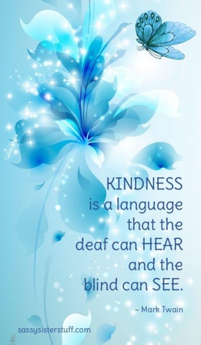 shades of blue florals and a butterfly background with a kindness quote