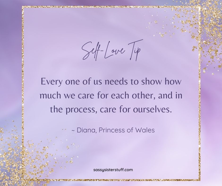 lavender background with gold sparkles and a quote about loving self and others