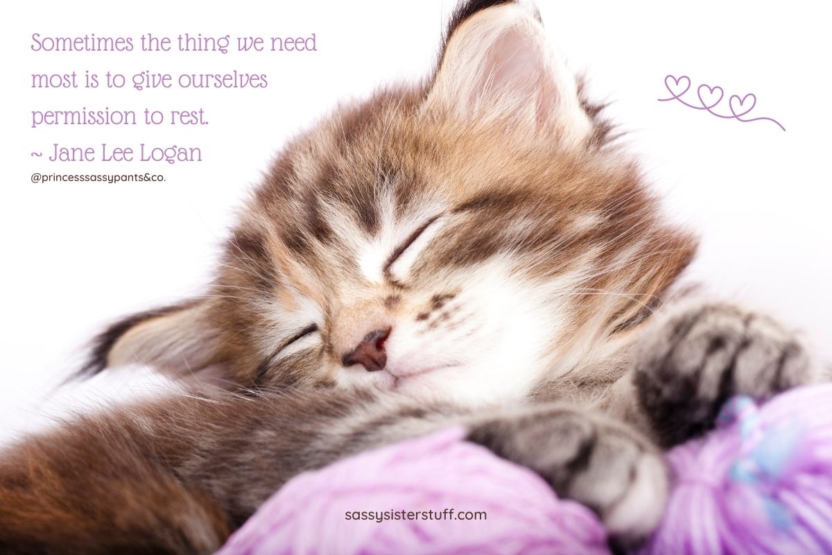brown tabby kitten sleeping on a purple blanket with a quote about giving yourself permission to rest