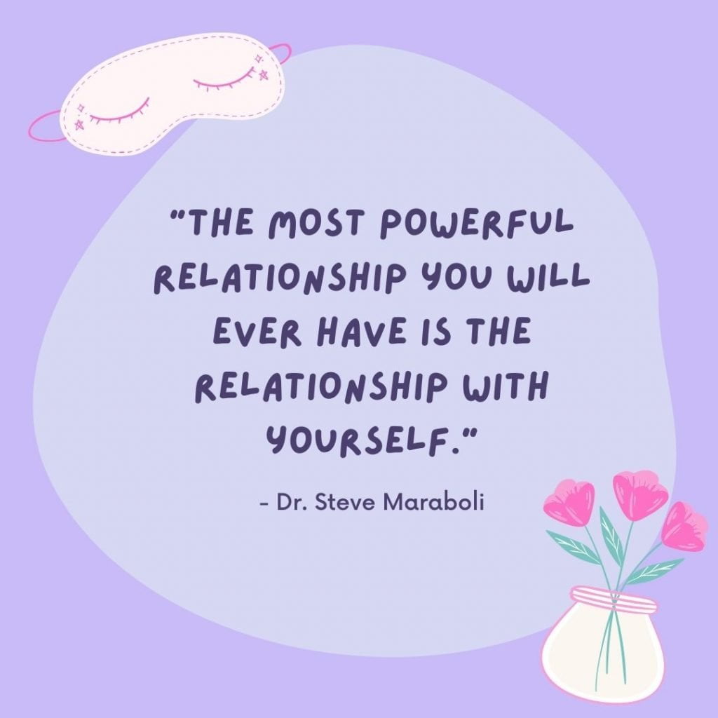 lavender background with pink flowers and a pink eye mask and a self love quote