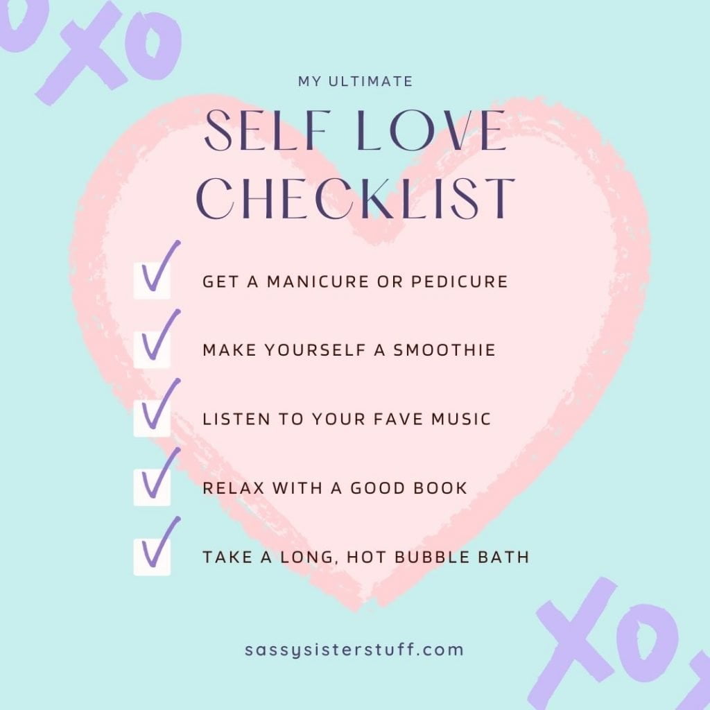 self love checklist with a pink heart lavender xoxo and mint great background