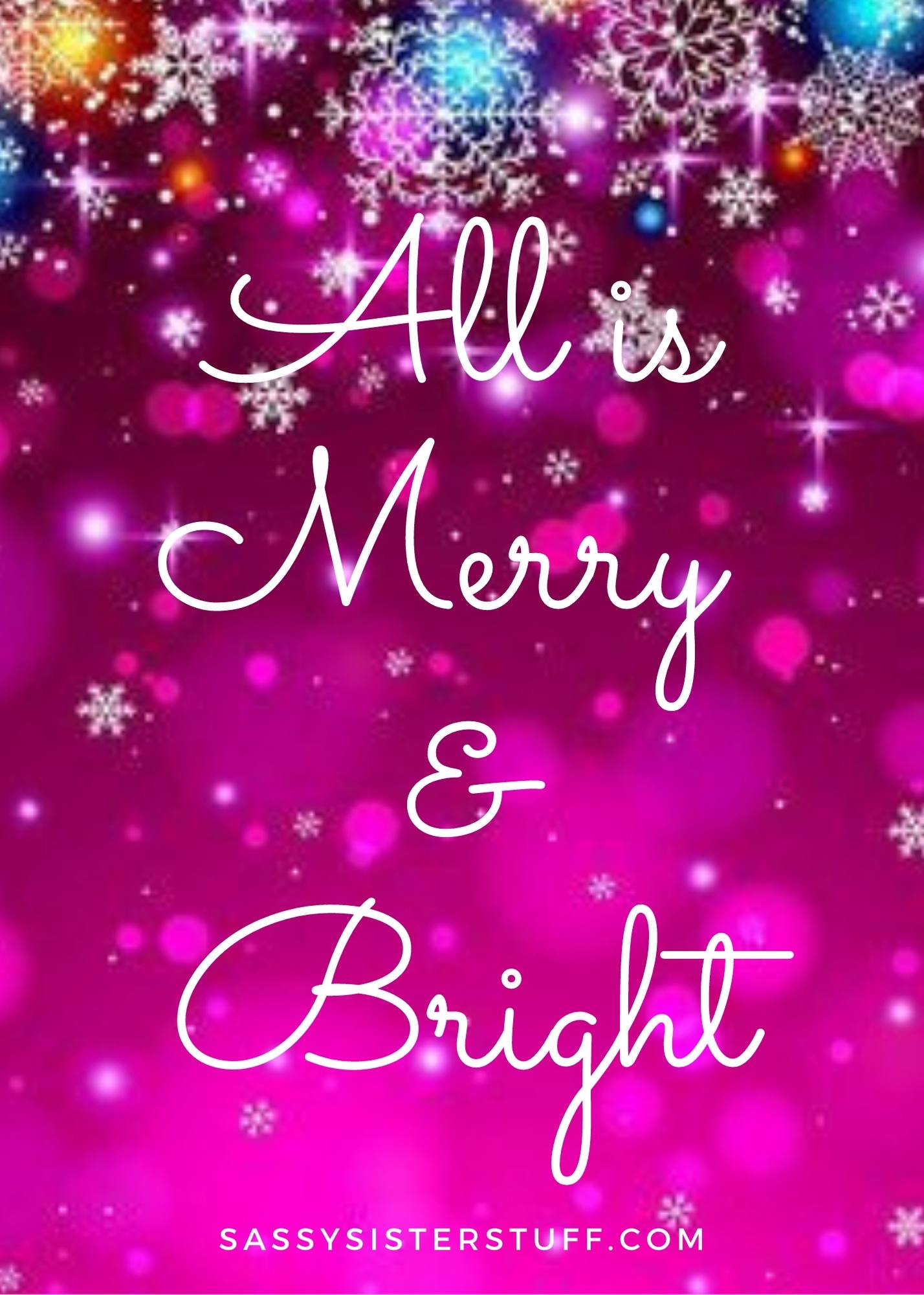 all is merry and bright christmas message on fushia background with bright lights