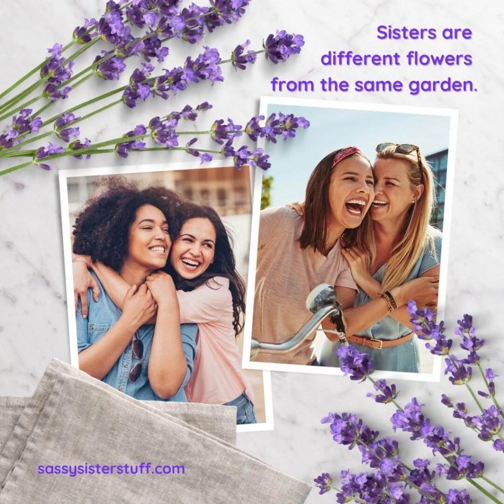 two pictures each with two women laughing and hugging and a sister quote