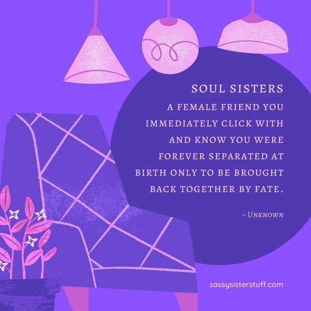purple background with chair and lights and a quote about soul sisters