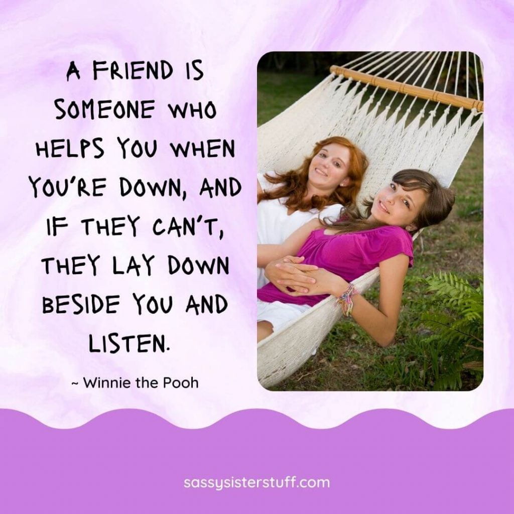 two friends lay in a hammock together smiling plus a quote about special friends