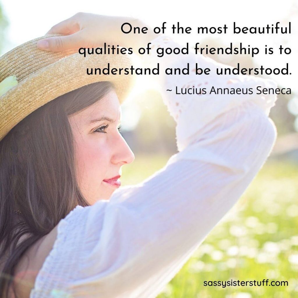 happy woman looks off in the distance on a sunny day and a quote about friendship