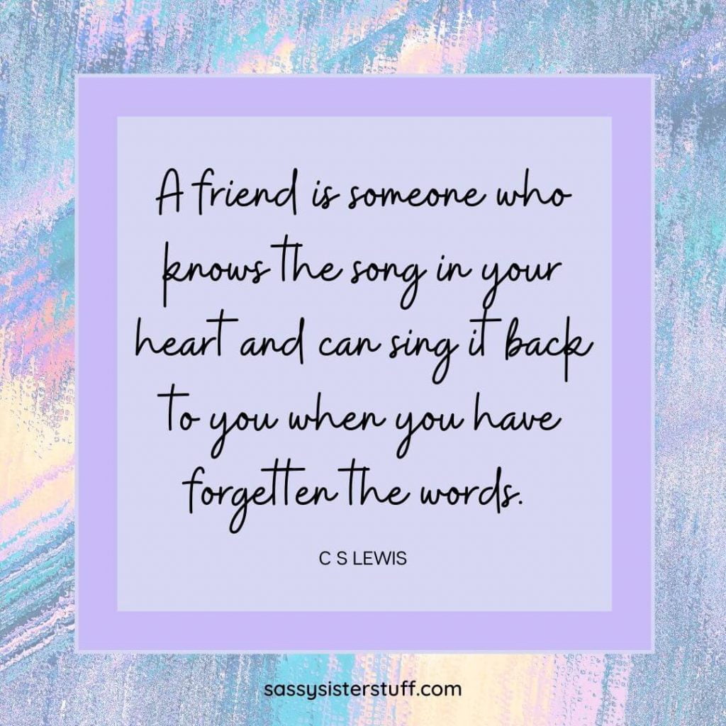 C S Lewis quote about friendship on a lavender and pastel multicolor background