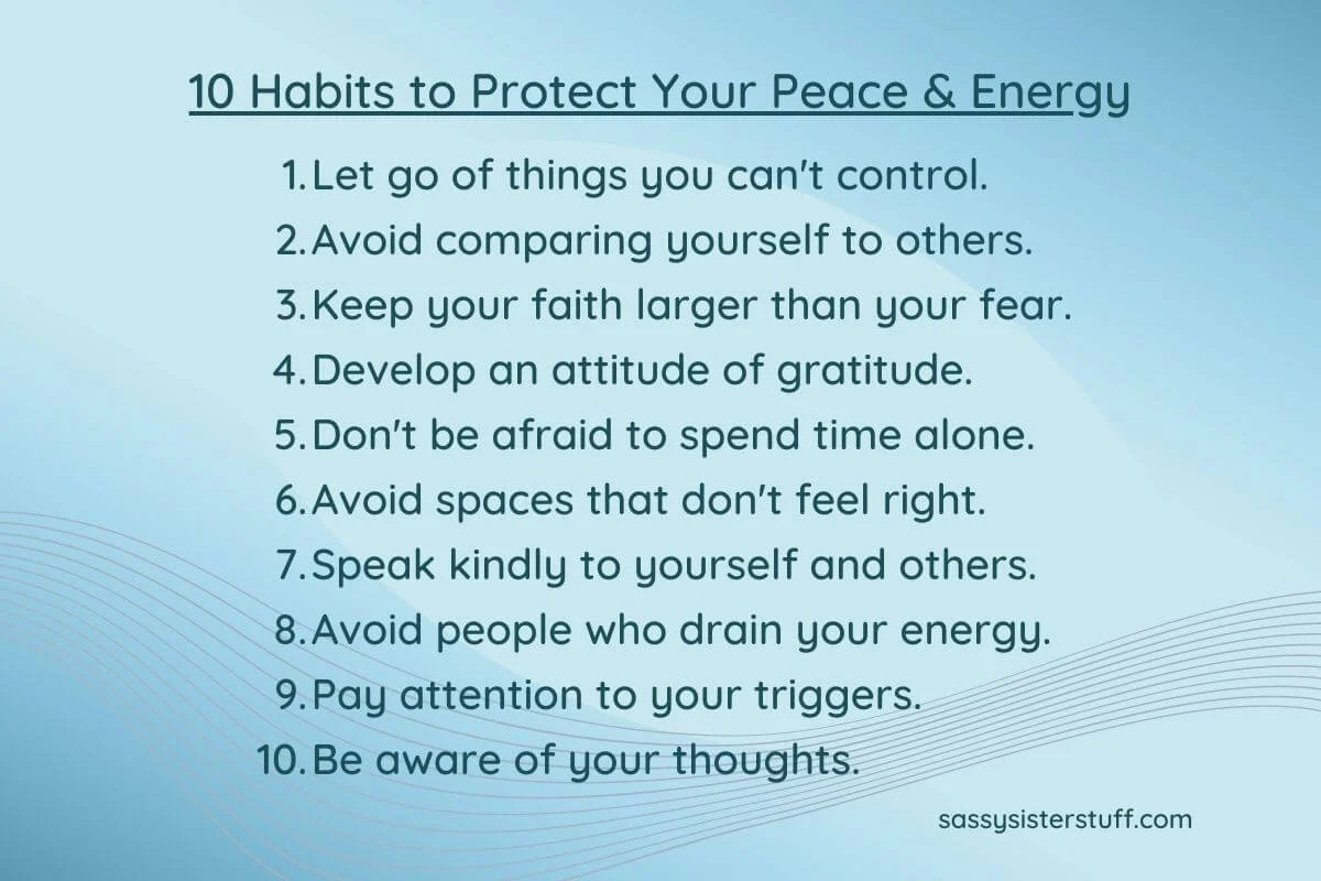 bluish background with 10 habits to protect your peace and energy quotes