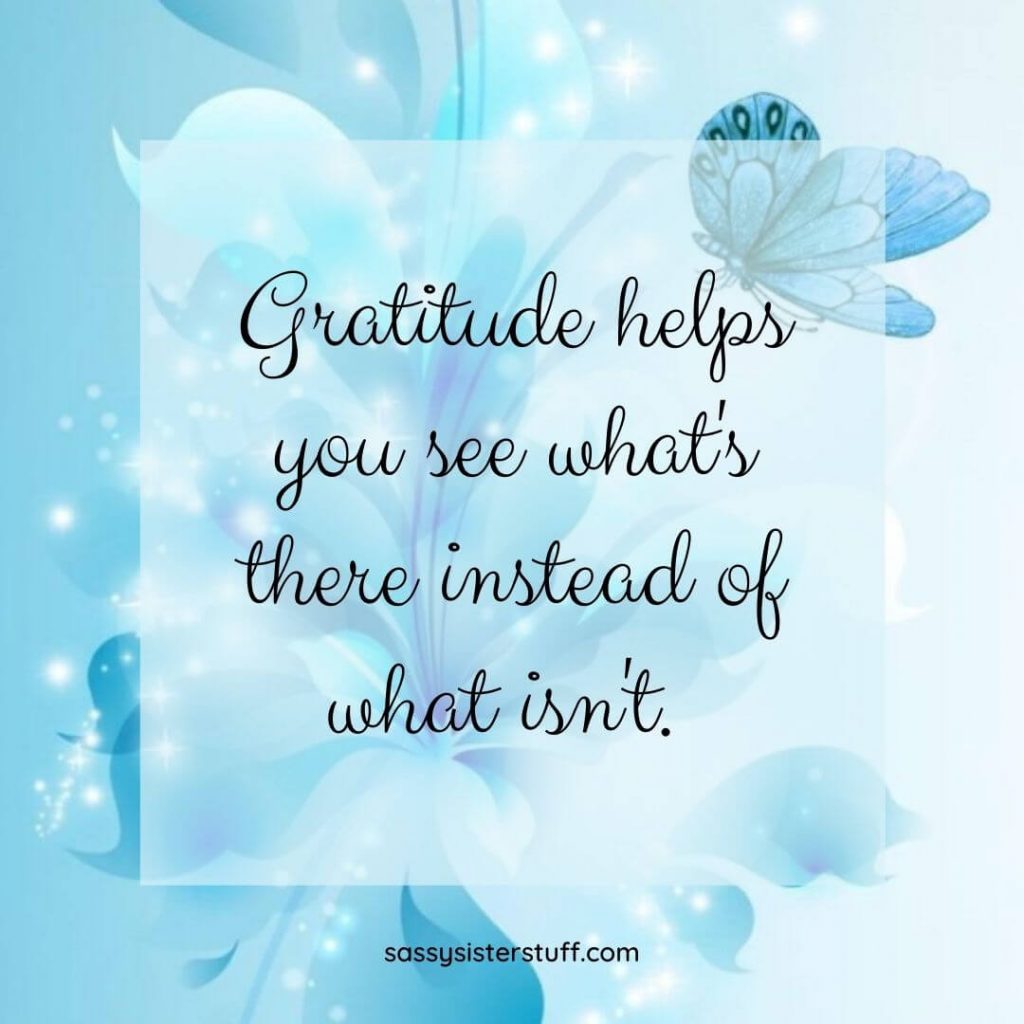 shades of blue flowers and butterfly with gratitude quote