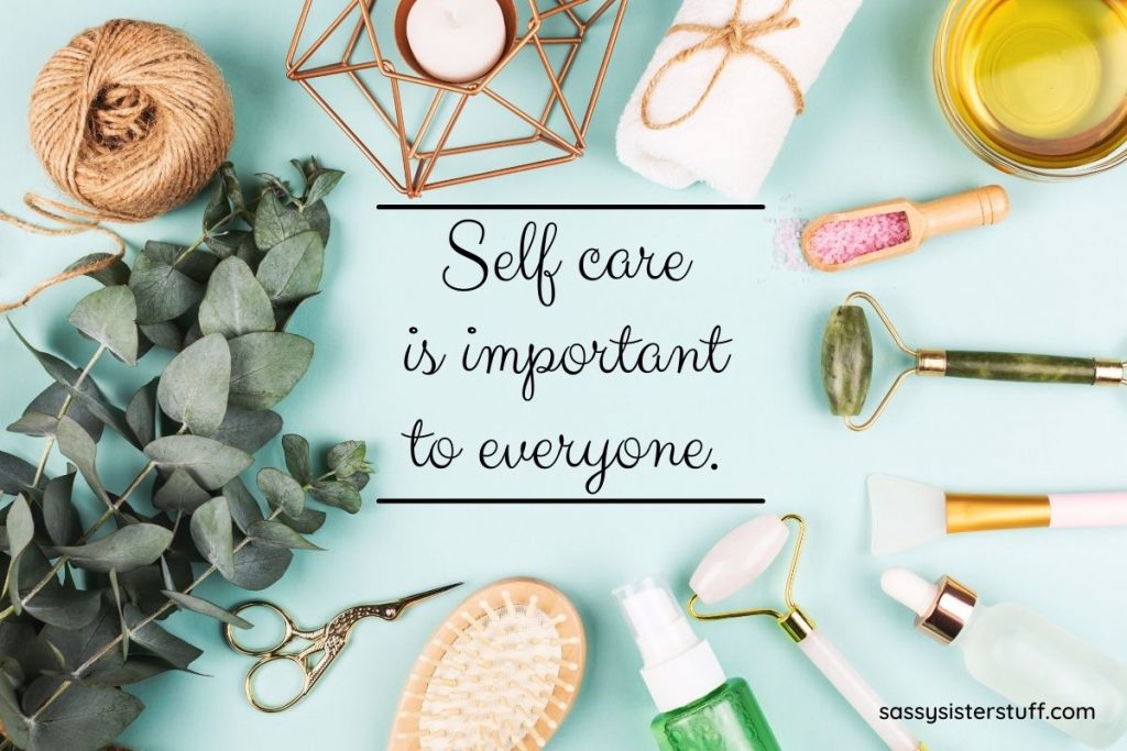 assorted self care items laying on a mint green background with words in the middle of the image