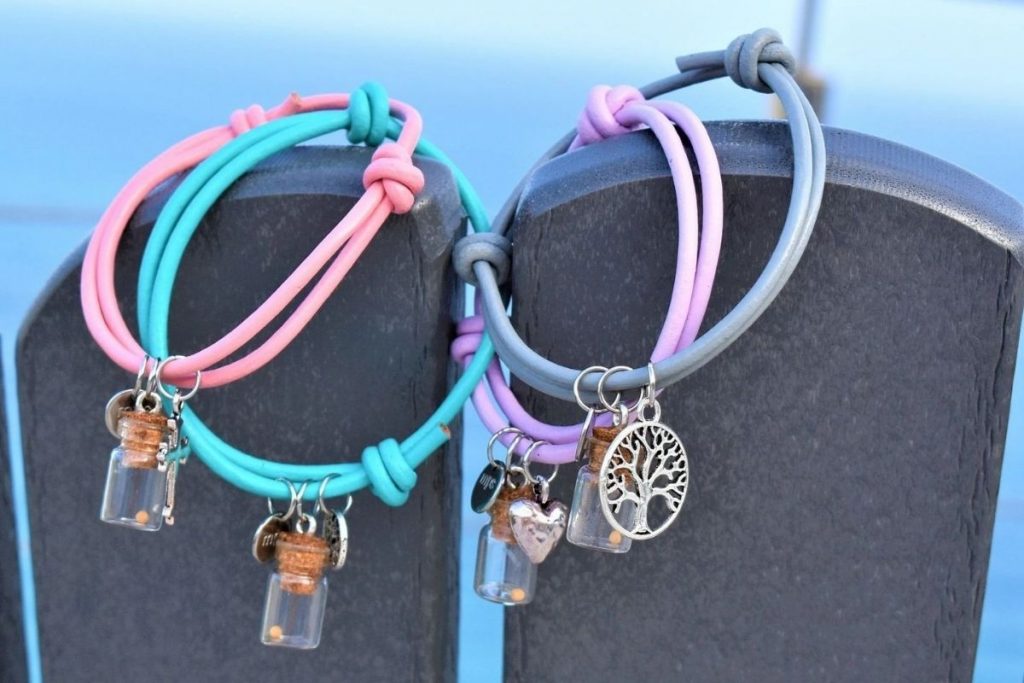 bangle bracelets with pink teal blue and lavender leather bands