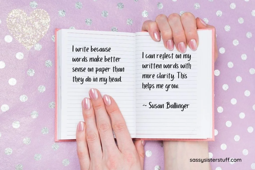 pink background with silver dots and a woman's hands holding an open journal with a quote about journaling