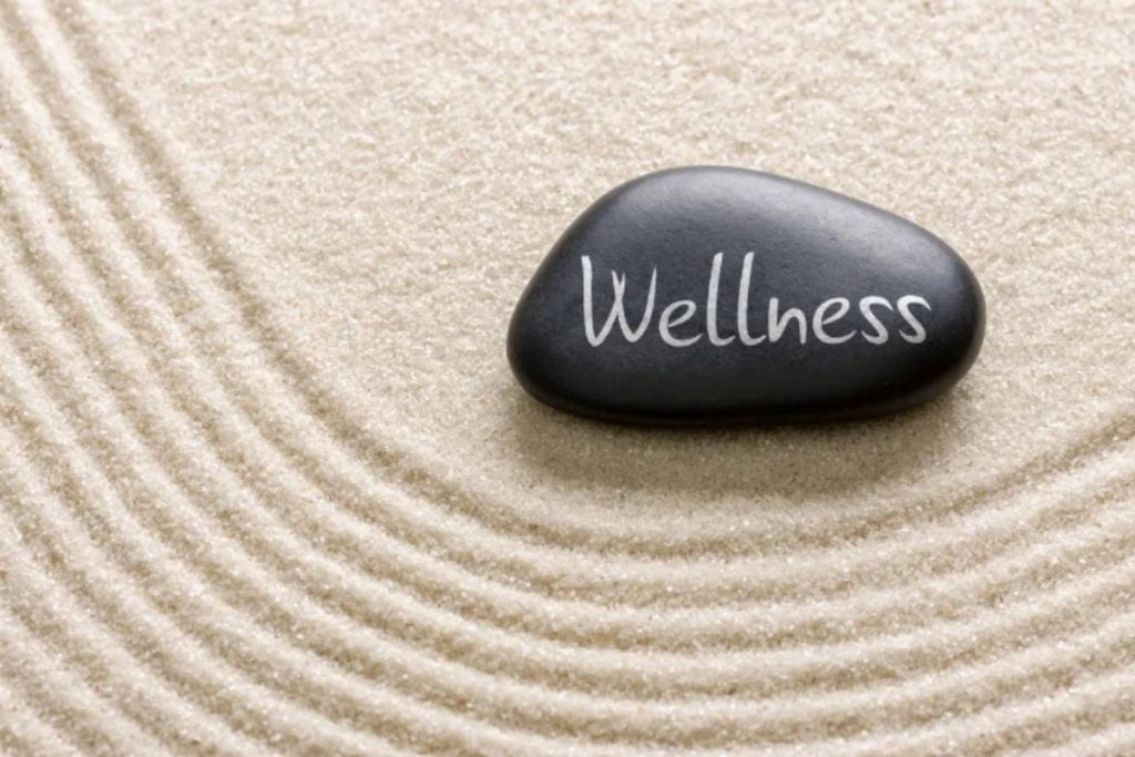 black rock with wellness written on it laying in the sand