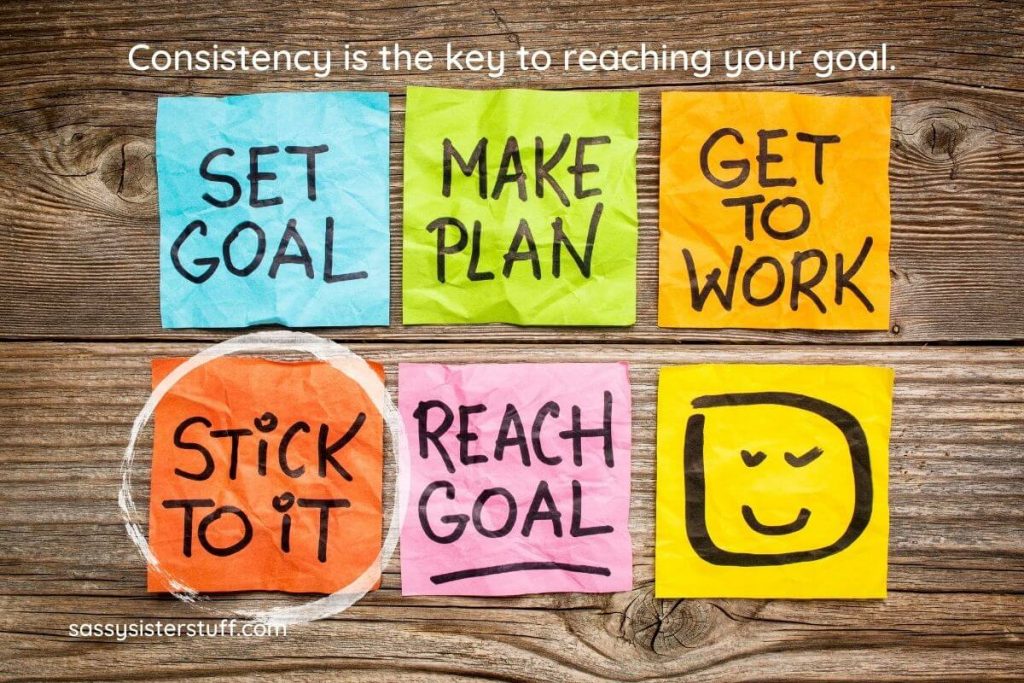 post it notes on a wooden board with strategies written to show the process of being consistent