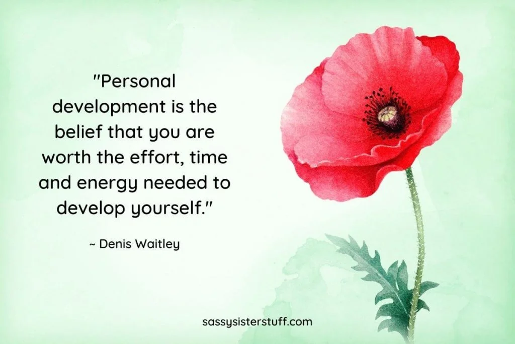 personal quote quote by denis waitley with a red flower on a green background