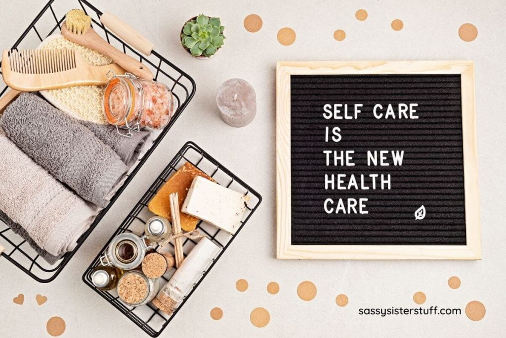 two baskets of self care items and sign that says self care is the new health care