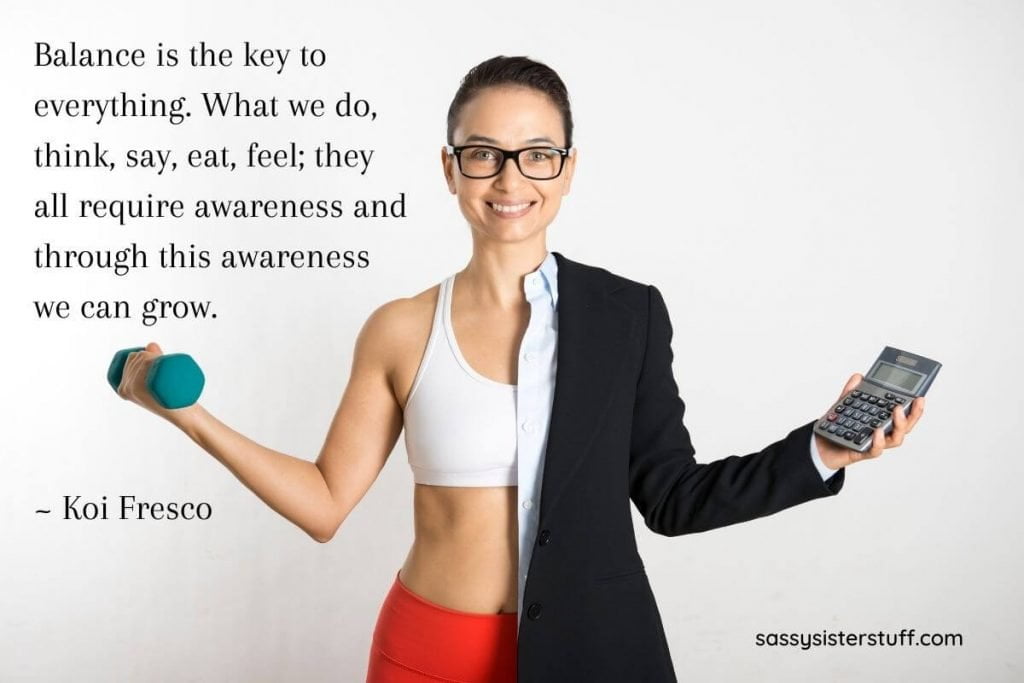 a woman dressed half in workout clothes holding a weight and half in business clothes holding a calculator smiling at the camera showing aspects of a balanced life