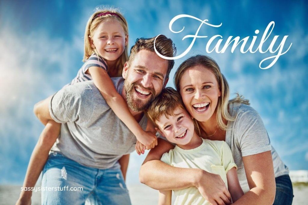a family of four mom dad young daughter and son show the family aspects of a balanced life