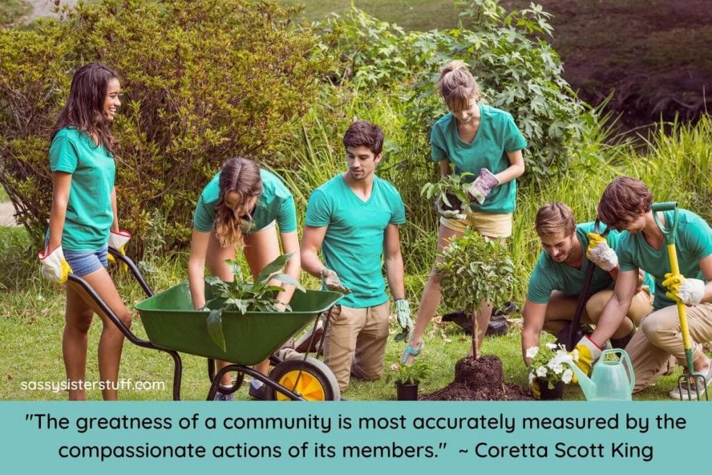 7 community members plant trees and shrubs in a local park to show why is community engagement important