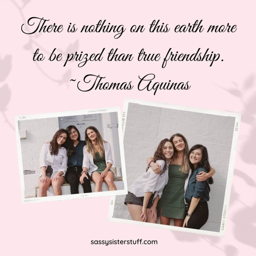 pink and gray background with two photos of three happy friends hanging out together and a quote about friendship