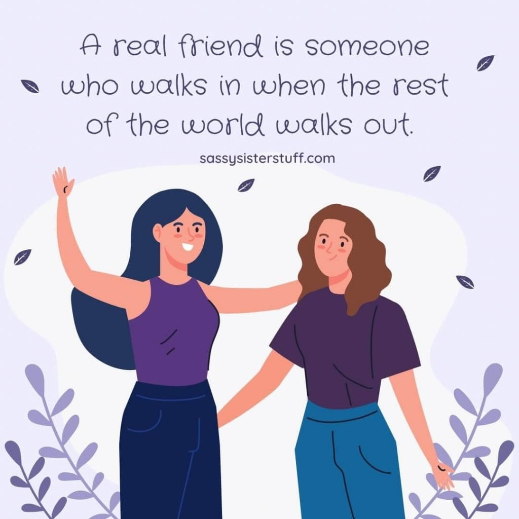 lavender and while background with two friends ready to hug and a quote about friendship