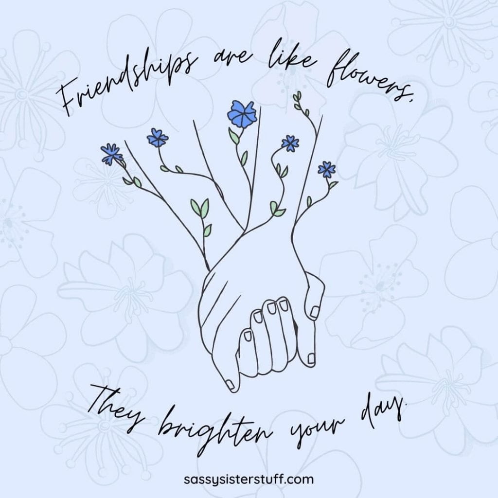 lavender background with pencil drawing of hands holding with flowers and meaningful friendship quotes