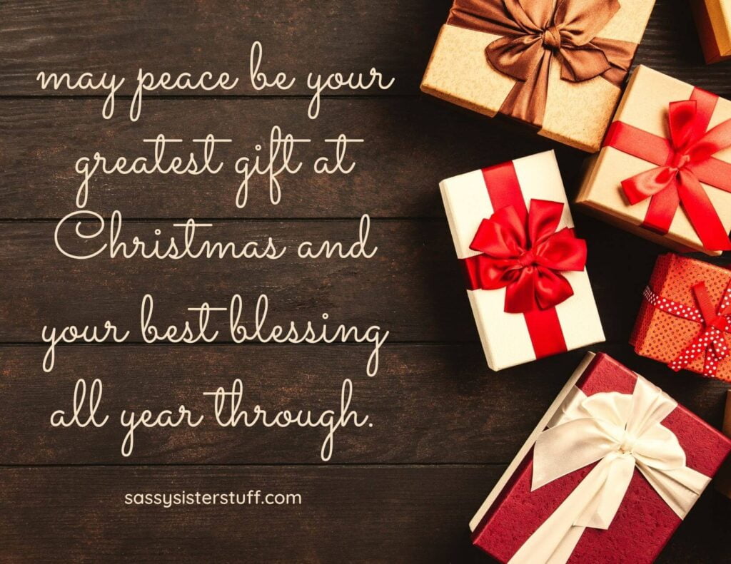 brown wooden background with told and red presents and a christmas blessing