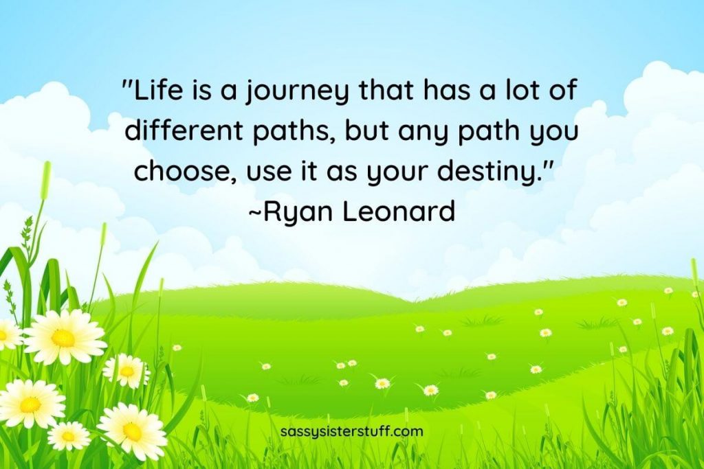 a blue sky green hills and yellow flowers with an inspirational quote about destiny
