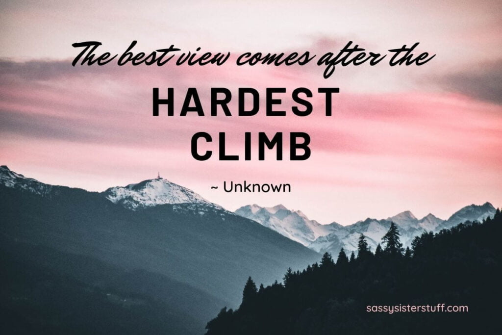 inspirational quotes about life and struggles showing mountains and a pink sky