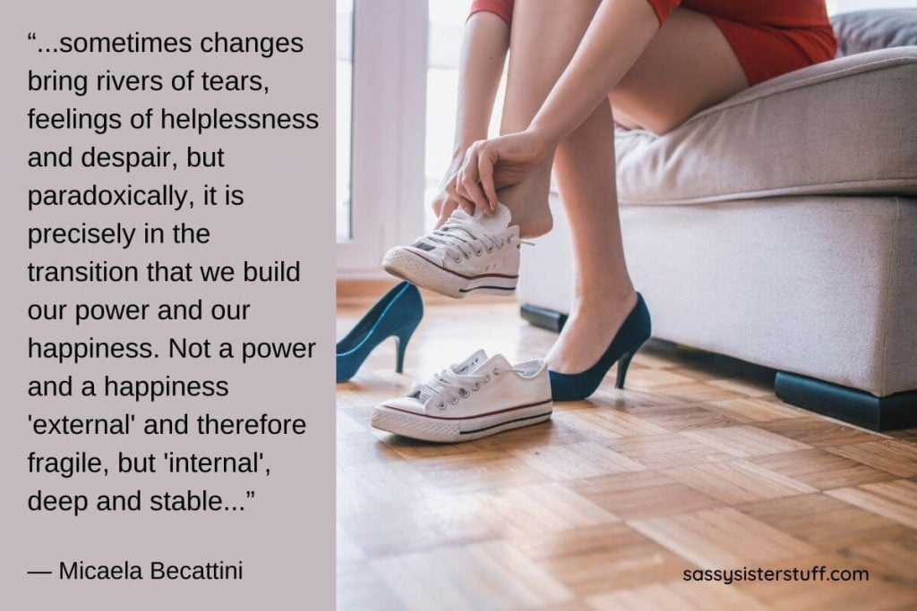 a woman sits on a plush gray chair changing her shoes from high heels to converse type sneakers and a quote about changes in life