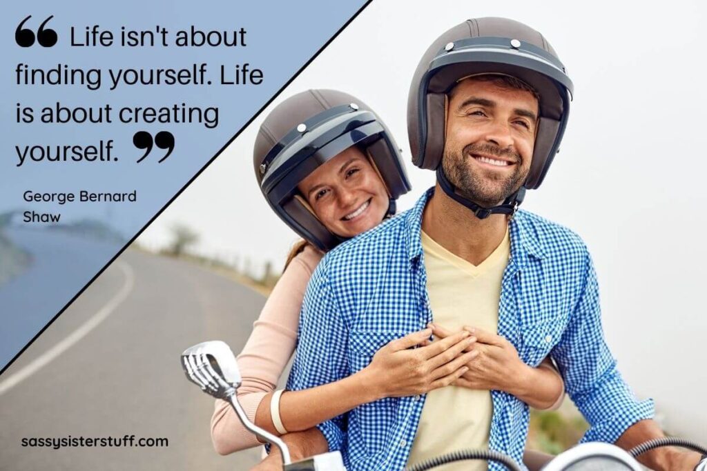 a happy young man and woman on a motorcycle wearing black helmets and smiles as they ride down the road plus a bucket list ideas quote