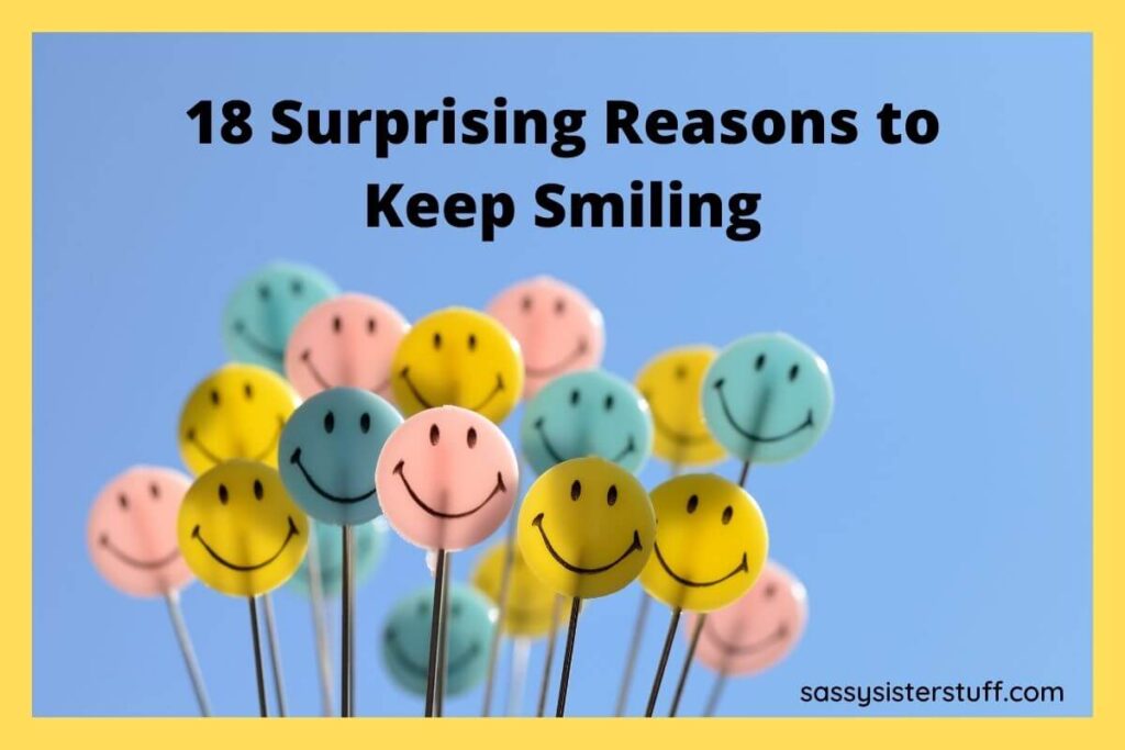 assorted yellow pink and green lollypops with smiley faces on them on a blue background with a yellow border and the titel 18 surprising reasons to keep smiling