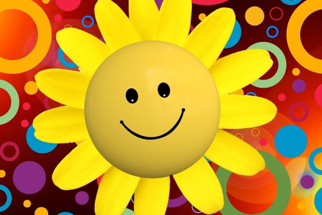 just keep smiling bright yellow flower with with a happy face in the center on a brightly colored background with circles