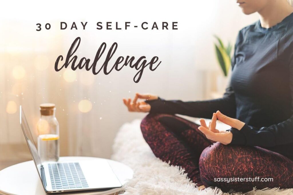 a young woman takes a break from working at home to mediate for a self-care challenge