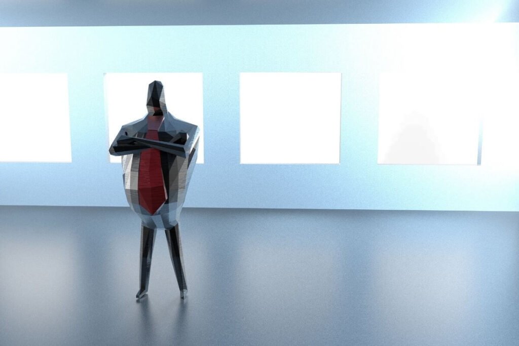 intimidating robotic man in a gray robot suit with a red tie stands with his arms crossed in a bullying manner