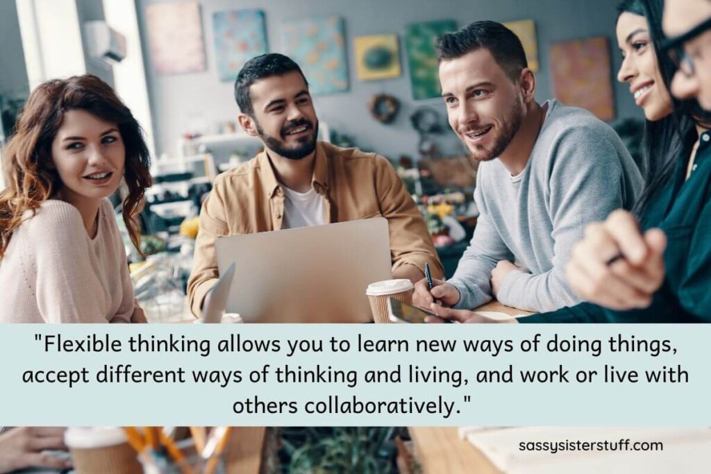 a group of male and female adults happily work together in a casual workspace area and a quote about flexible thinking