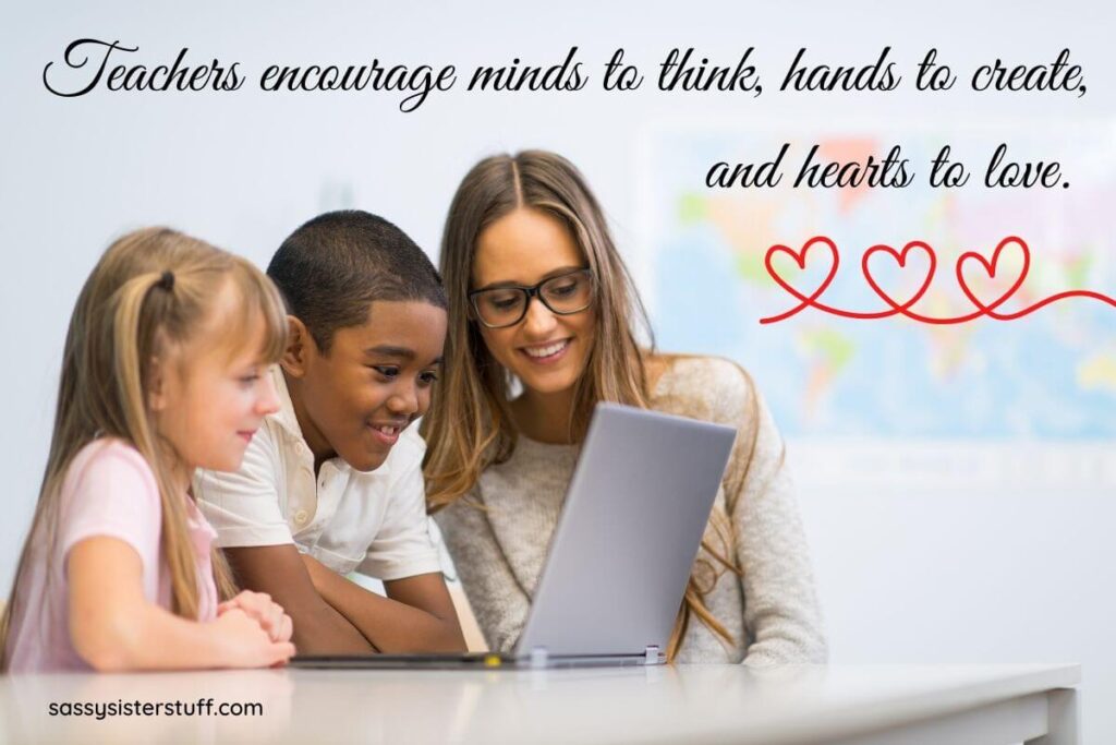 a young happy teacher and two students work at a laptop together with big smiles on their faces and a quote to inspire teachers