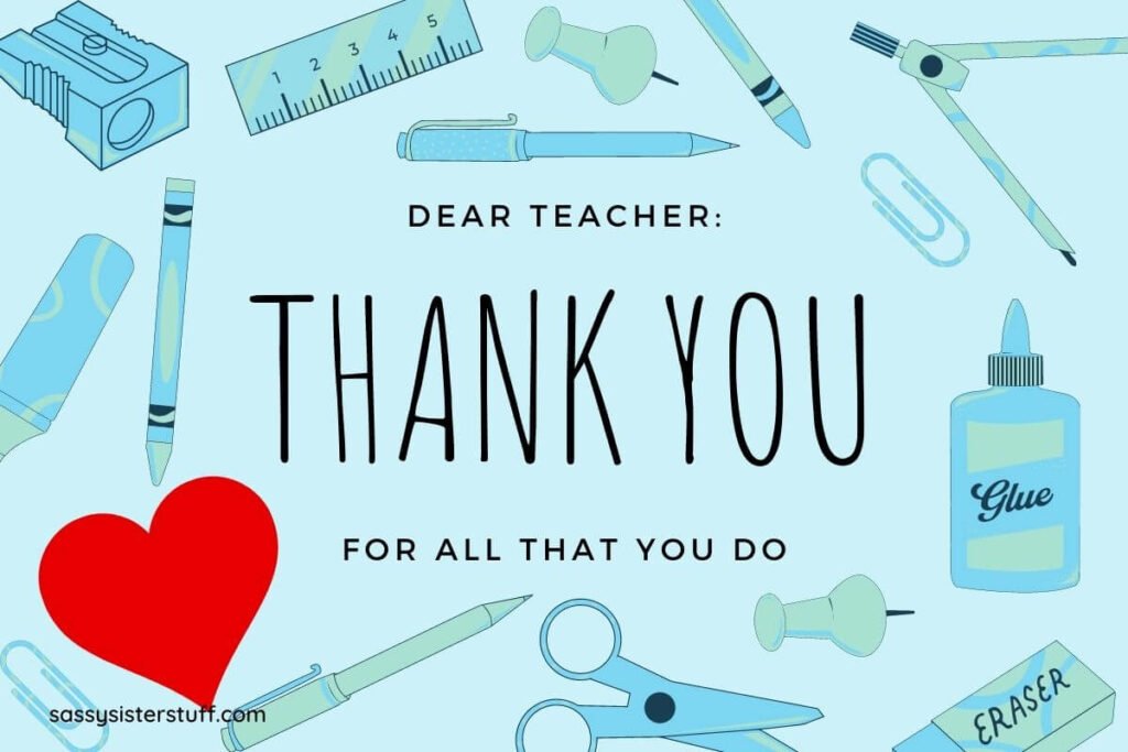 a pale blue and green thank you post card with school supplies on it thanking teachers for all they do