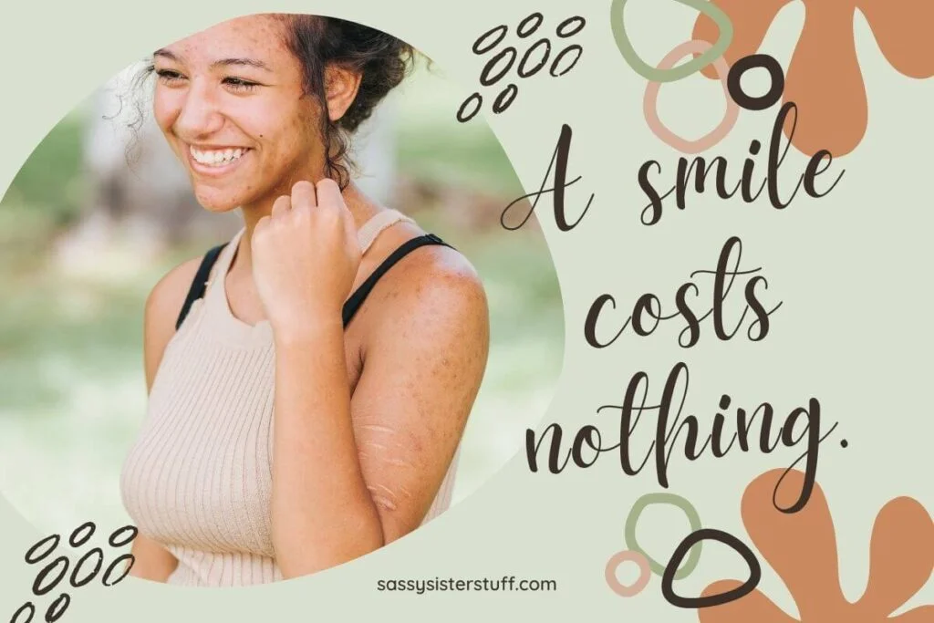 a beautiful young woman stands outside in the sunshine and smiles big and a smile quote on a pale green background with geometric shapes in shades of brown tan and green