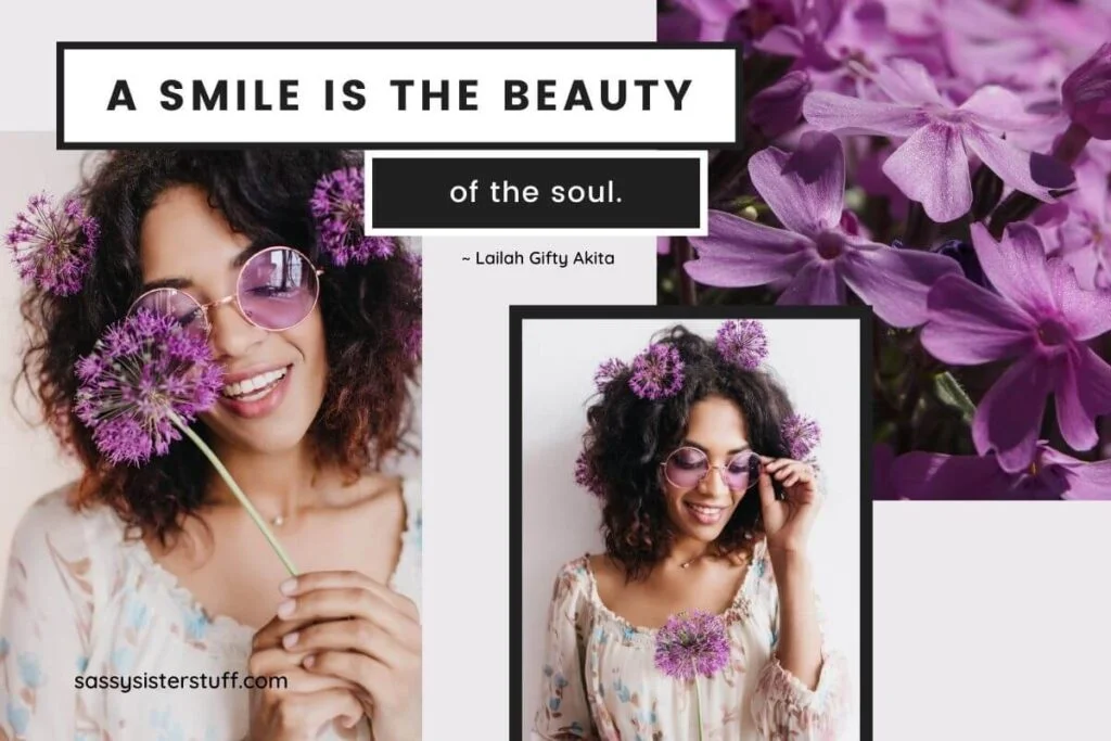 beautiful young woman with purple flowers in her hair and purple glasses with purple flowers around her and a smile quote that says a smile is the beauty of the soul