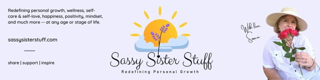 pale lavender backgound with a sun rising out of clouds and purple flowers growing through the clouds into the center of the sun and the name sassy sister stuff and tag line redefining personal growth under the whimsical logo and a photo of the founder on one end and a description of the website on other end