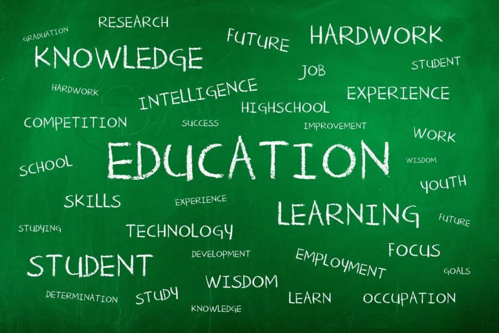 green chalkboard with words written on it that are associated with education is key to success