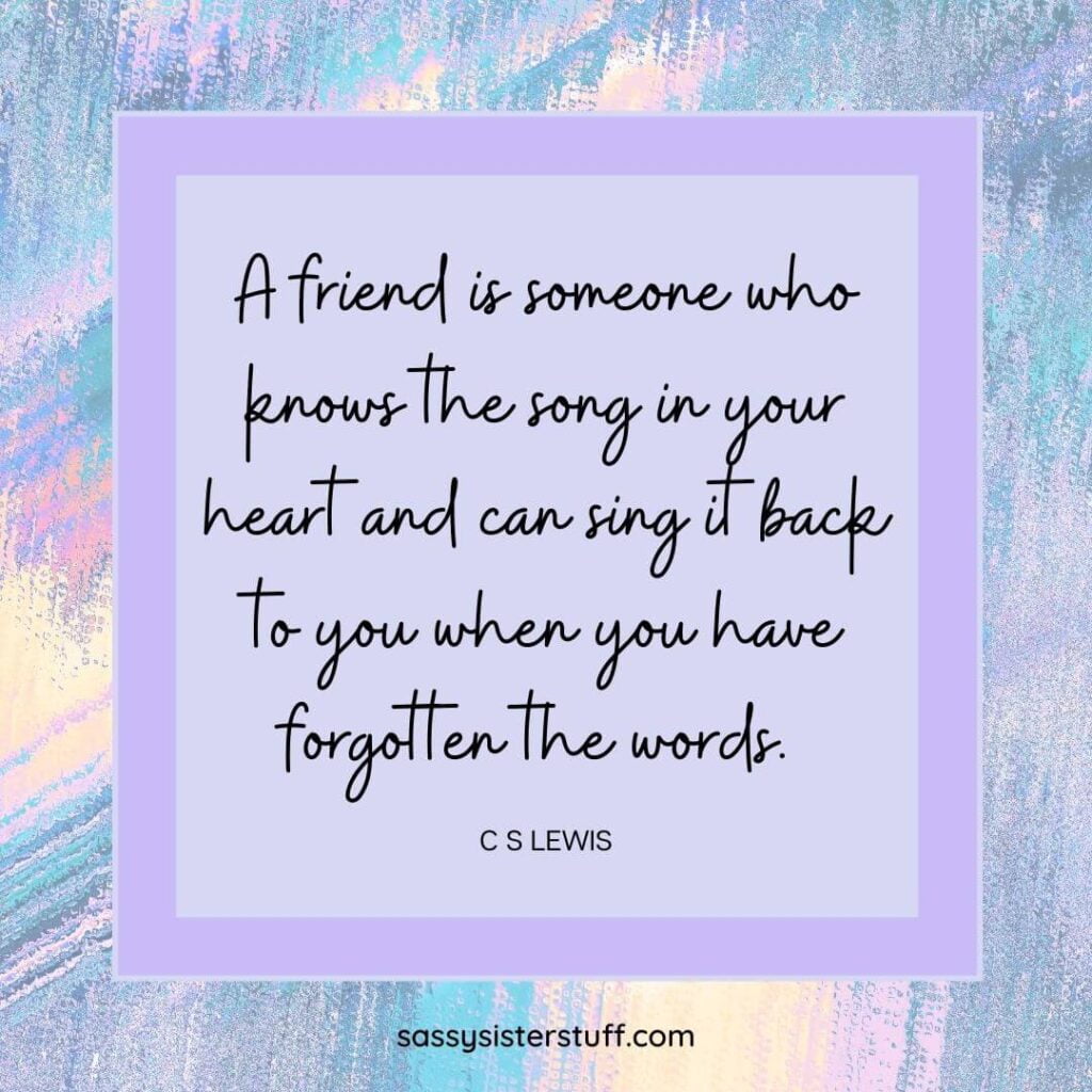 friendship quote by c s lewis on a lavender pink mint and yellow water paint brush strokes