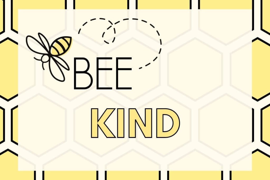 a yellow and white geometric background with a white overlay and a bumble bee with the words bee kind