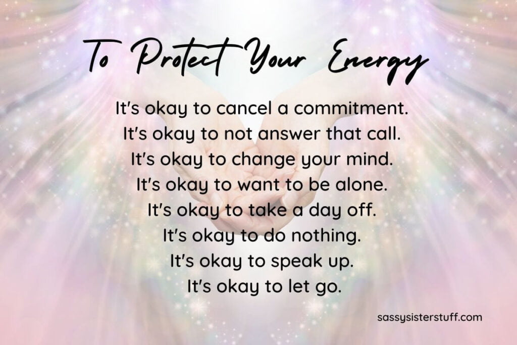 a pair of hands cupped together on a background of pastel colorful rays and stars with a protect your energy quote written in black