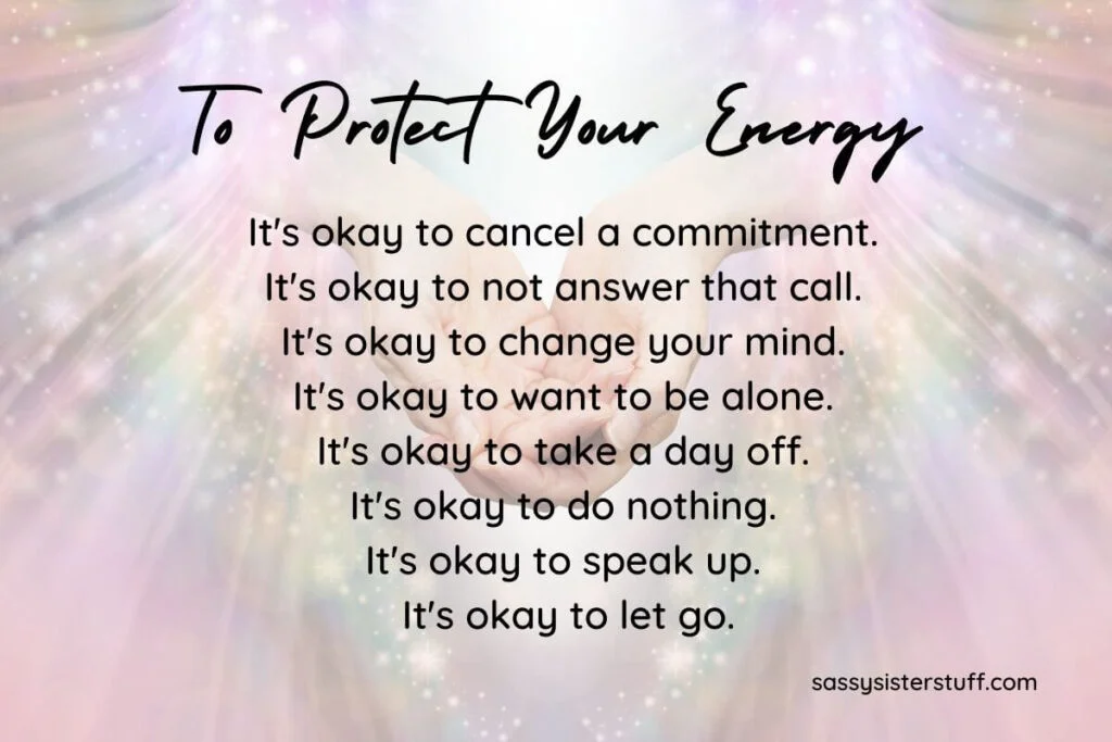 a pair of hands cupped together on a background of pastel colorful rays and stars with a protect your energy quote written in black