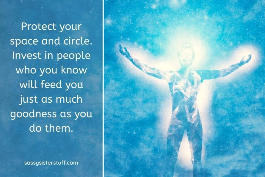 a blue and white background with a silhouette of a person surrounded by a white aura that represents personal energy and an inspirational quote about protecting your energy