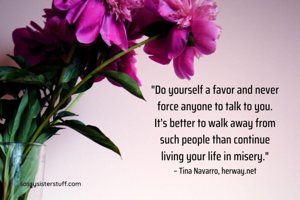 a vase of purple flowers against a pinkish background and a quote regarding never force anyone to talk to you